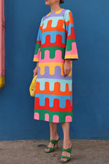 Geometric Print Long Sleeved Midi Dress with Side Slits