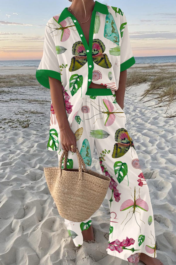 Butterfly Print Oversized Shirt and Elastic Waist Pocket Pants Set