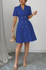 Solid Color Lapel Short Sleeve Button Waist Mini Dress