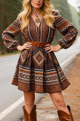 Bohemian Style V-neck Fitted Waist Casual Mini Dress