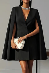 Solid Color V-Neck Double Breasted Cape Formal Mini Dress
