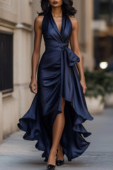Solid Color Satin V-neck Sleeveless Elegant Ruffle Maxi Dress