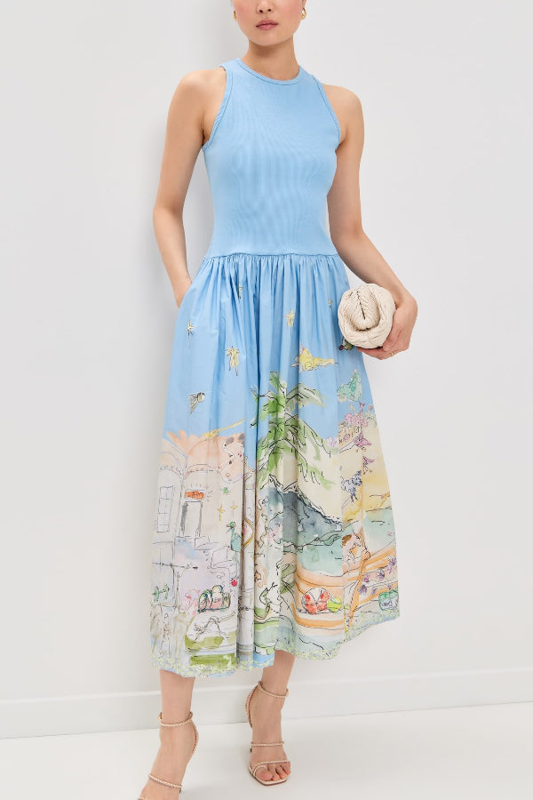 Ink Wash Print Round Neck Sleeveless Resort-style Midi Dress