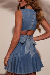 Fashionable Spliced Back Hollow Lace-up Pleated Slim-fit Denim Mini Dress