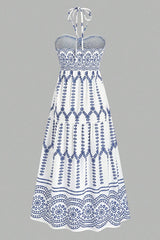 Bohemian Holiday Style Unique Print Halter Neck Tie Slit Midi Dress