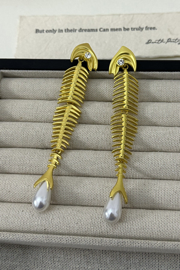Personalized Fishbone Diamond Pearl Pendant Earrings