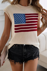 Independence Day Knitted Graphic Crew Neck Sleeveless Casual Top