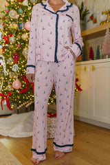 Postcards To Santa Unique Print Ruffles Trim Pocket Shirt and Elastic Waist Pajama Set