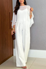 Vanie Chiffon Cape Batwing Sleeve Top and High Waist Pocket Wide Leg Pants Set