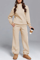 Solid Color Long-sleeved Lapel Sports Sweatshirt and Elastic Waist Casual Pocket Pants Set