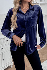 Solid Color Velvet Casual Lapel Pocket Loose Shirt