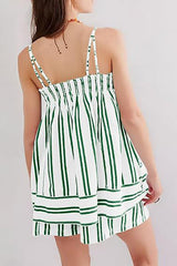 Striped Print Suspender Loose Pocket Top and Elastic Waist Casual Shorts Set