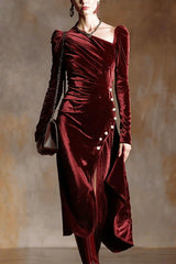 Elegant Velvet Long-sleeved Pleated Button Midi Dress
