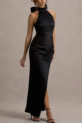 Maureen Satin High Neck Ruched Ruffle Slit Draped Maxi Dress