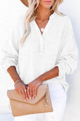 Solid Color Long Sleeve Pleated Button Loose Top