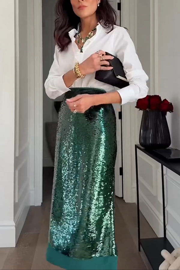 Shimmer Scene Sequin Patchwork Hem High Rise Slit Pencil Midi Skirt