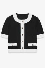 Fashionable Contrast Color Short-sleeved Button-down Top