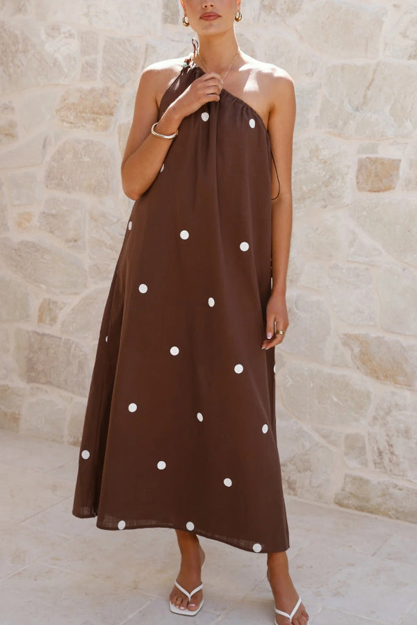 Polka Dot Print Sleeveless One-shoulder Tie-up Casual Vacation Maxi Dress