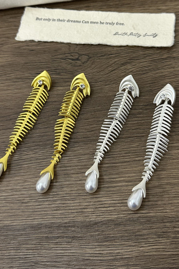 Personalized Fishbone Diamond Pearl Pendant Earrings