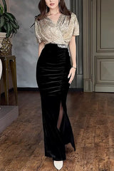 Elegant V-neck Sequined Velvet Stitching Sexy Slit Maxi Dress