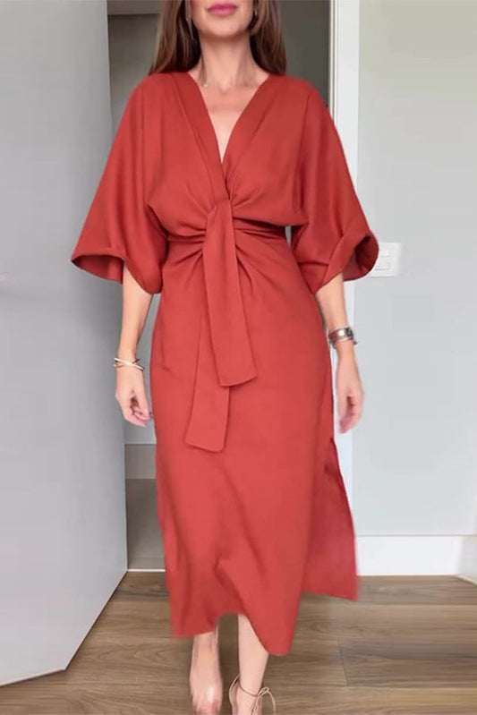 Solid Color V-neck Half-sleeve Casual Waist-tied Midi Dress