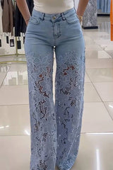 Fashion Hollow Lace Stitching Casual Pocket Denim Wide-leg Pants