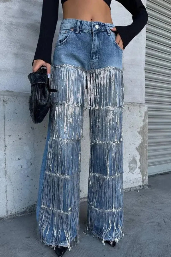 Stylish High-waisted Pocket Tassel Casual Straight Leg Jeans