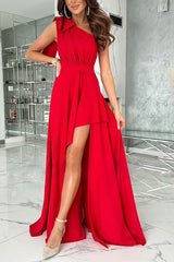 Susana Bowknot One-shoulder Ruffle Side Slit Maxi Dress