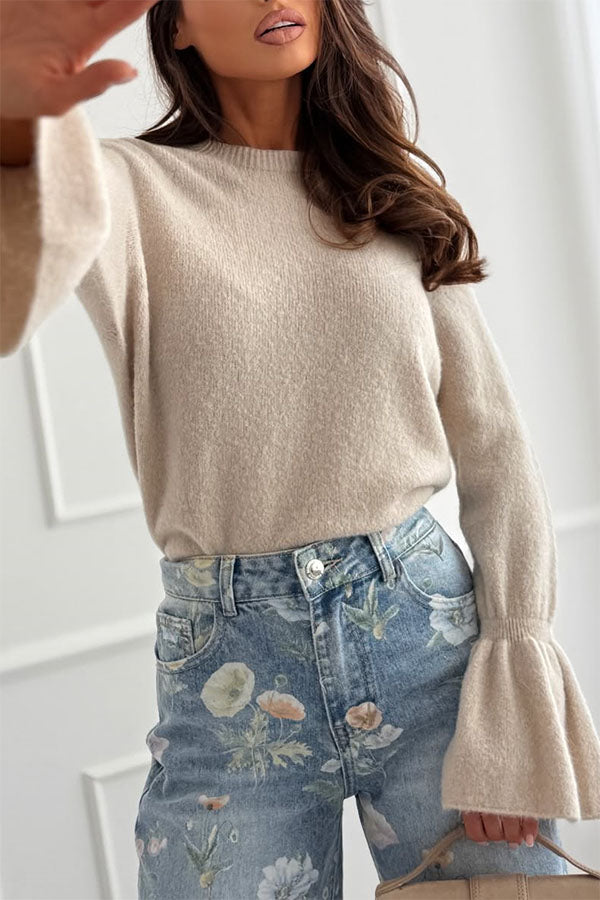 Spring Calling Knit Crew Neck Long Bell Sleeve Relaxed Sweater