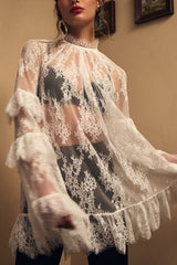 Sexy See-through Lace Loose Long-sleeved Mini Dress