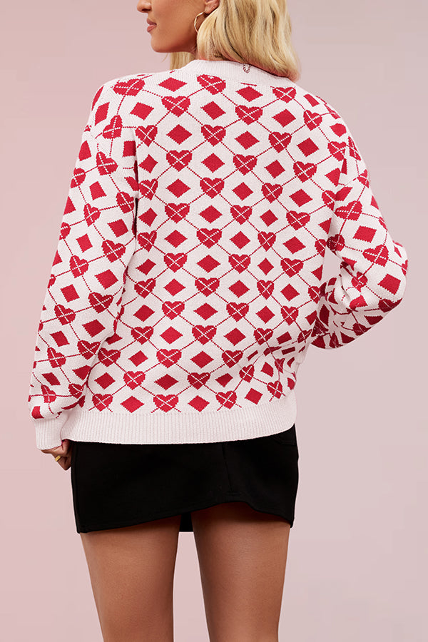 Fashionable Heart-shaped Jacquard Loose Long-sleeved Knit Sweater