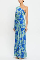 Satin Botanical Print One-Sleeve Resort Maxi Dress