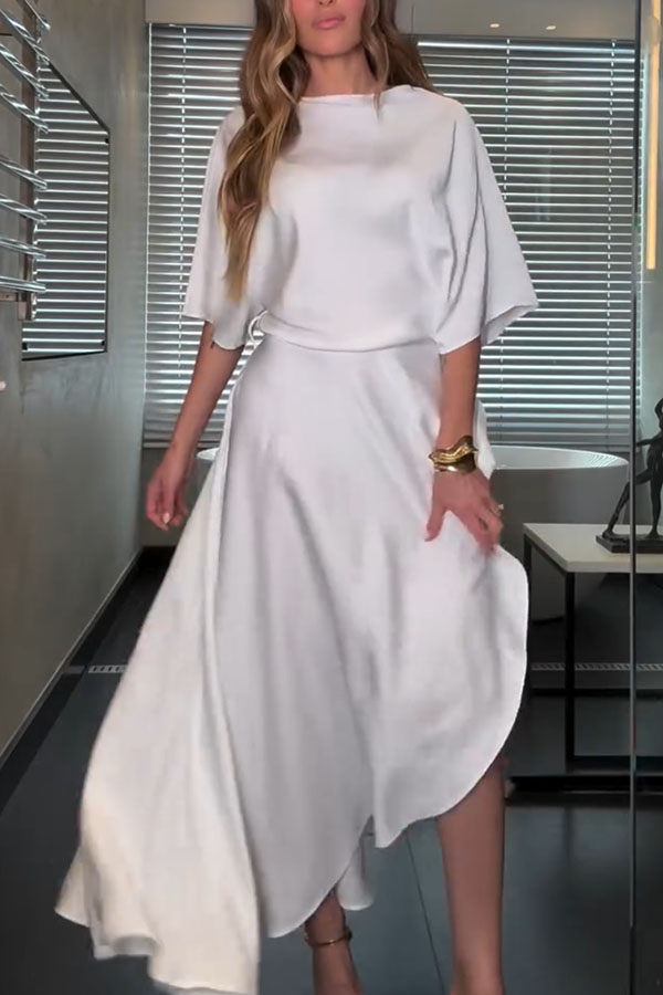 Modern and Elegant Satin Half Wide Sleeve Wrap Style Pocket Slit Loose Maxi Dress