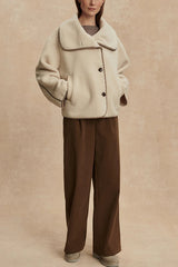 Romane Faux Fleece Fabric Contrast Trim Long Sleeve Knitted Pocket Lapel Loose Jacket