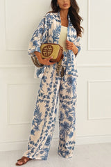 Linen Blend Botanical Print Loose-fitting Top and Elastic Waist Wide-leg Casual Pants Set