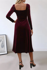 Solid Color Velvet Square Neck Long Sleeve Slit Midi Dress