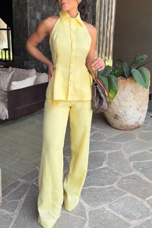 Gracelin Linen Blend Button Sleeveless Side Belt Halter Blouse and Elastic Waist Loose Pants Set