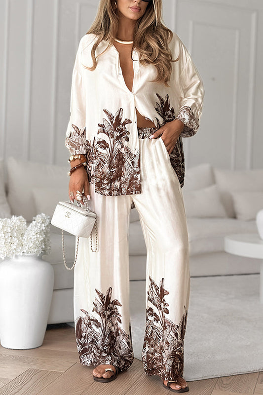 Botanical Print Loose Long-sleeved Shirt and Elastic Waist Pocket Casual Wide-leg Pants