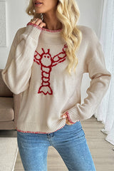 Fashion Lobster Pattern Round Neck Long Sleeve Loose Knitted Sweater