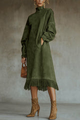 Solid Color Suede Loose Long-sleeved Casual Pocket Tassel Hem Midi Dress