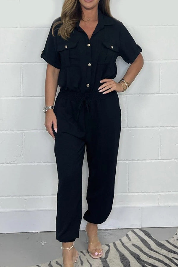 Solid Color Lapel Short Sleeve Casual Pocket Loose Jumpsuit