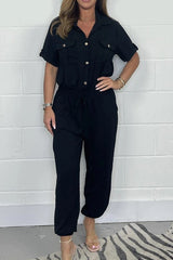 Solid Color Lapel Short Sleeve Casual Pocket Loose Jumpsuit