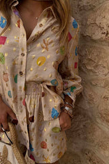 Fashionable Gold Stamping Unique Printing Lapel Long Sleeve Shirt and Elastic Waist Casual Pocket Shorts Set