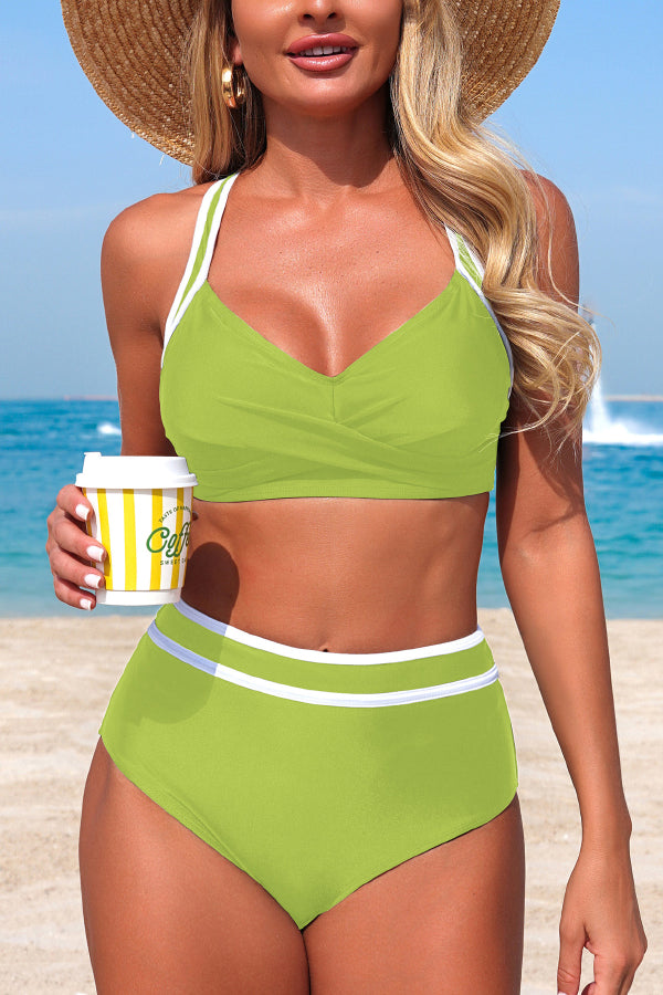 Stylish Color-blocked Striped High-waisted Two-piece Stretch Bikini Swimsuit