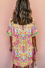 Unique Print Lapel Short Sleeve Single Breasted Loose Mini Dress