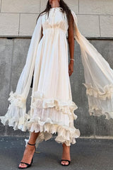 Fashionable V-neck Lace-up Ruffled Double-layer Hem Maxi Dress