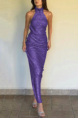 Sexy Sleeveless Backless Sequined Fitted Maxi Dress