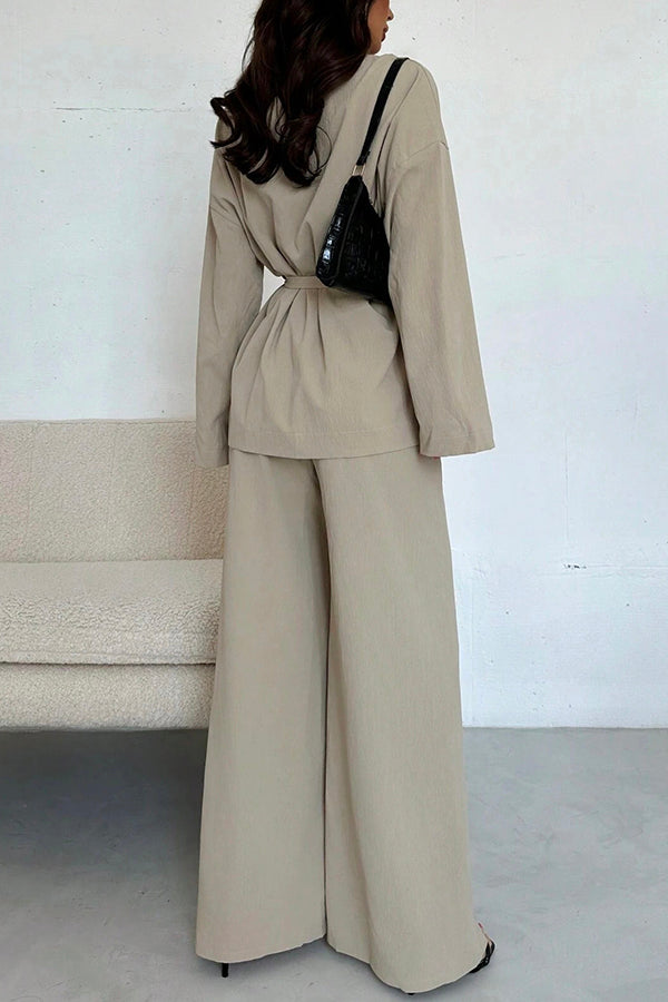 Solid Color Collared Long-sleeved Tie-wst Loose Top and Elastic Wst Casual Wide-leg Pants Set