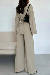 Solid Color Collared Long-sleeved Tie-wst Loose Top and Elastic Wst Casual Wide-leg Pants Set