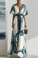 Unique Printed V-neck Short-sleeved Waist-tied Maxi Dress